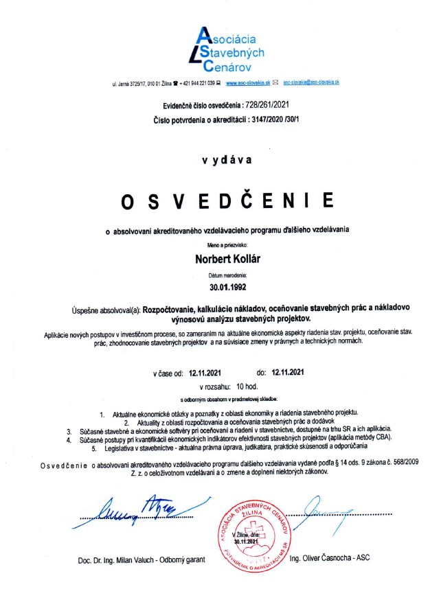 Osvedčenie Asociácie stavebných cenárov